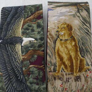 Endangered Species Set of Two Ties Bald Eagle and Golden Retriever 100% Silk
